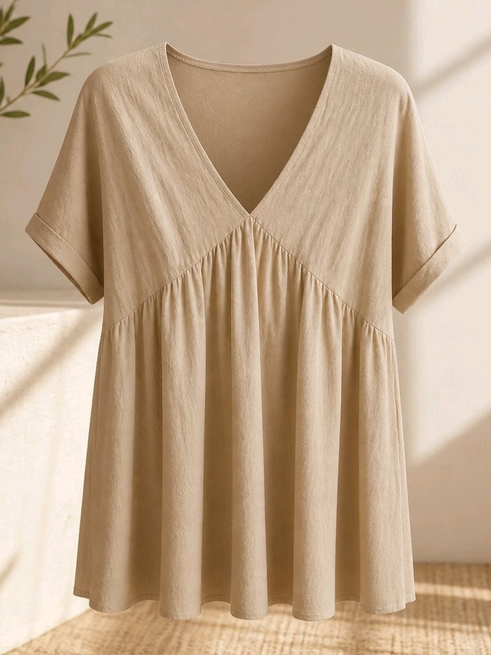 V-Neck Relaxed Babydoll Mini Dress in Beige